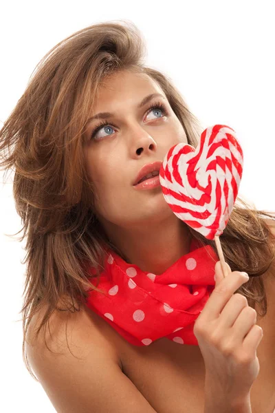 Close Portrait Young Sexy Woman Heart Shaped Lollipop — Stock Photo, Image