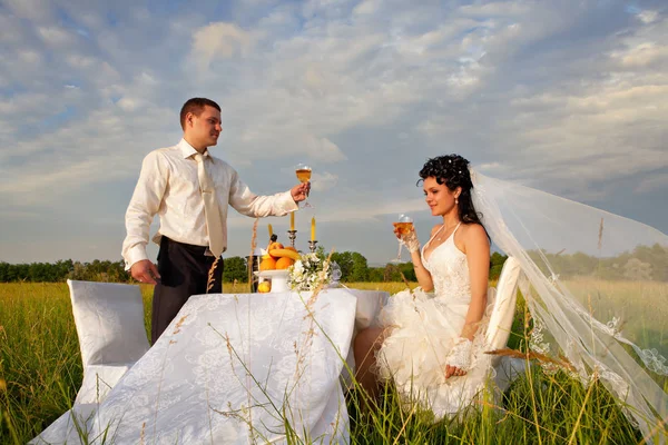 結婚式のテーブルとフィールドで新郎新婦 — ストック写真