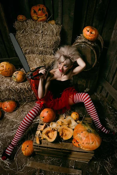 Beautiful Sexy Woman Halloween Pumpkin Wooden Background — Stock Photo, Image