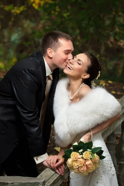 Свадебный Снимок Поцелуев Жениха Невесты Парке — стоковое фото