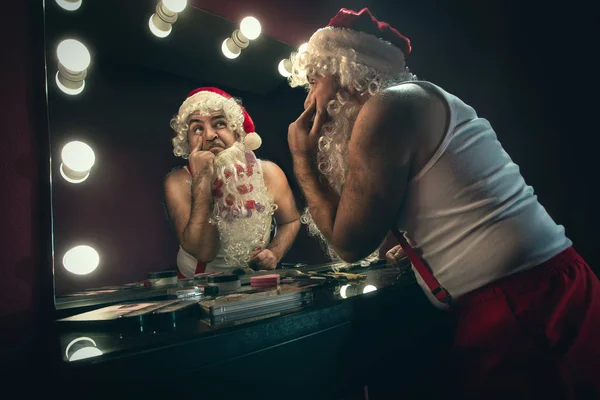 Santa Claus Looking Mirror Checking His Health — Stock Photo, Image