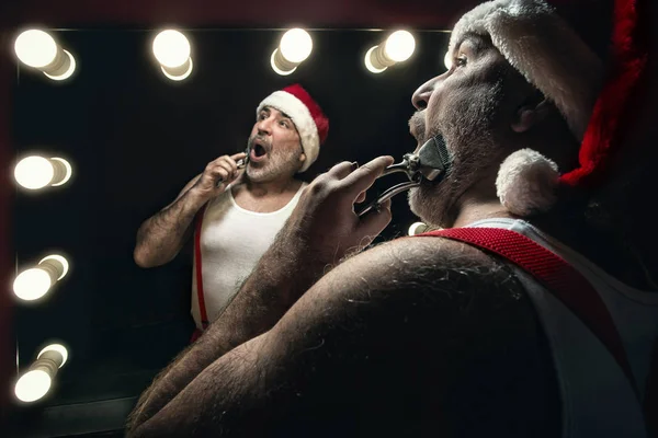 Santa Claus Looking Mirror Trimmng Himself — Stock Photo, Image