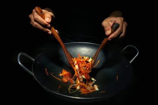 Cooking on wok frying pan.. — Stock Photo, Image