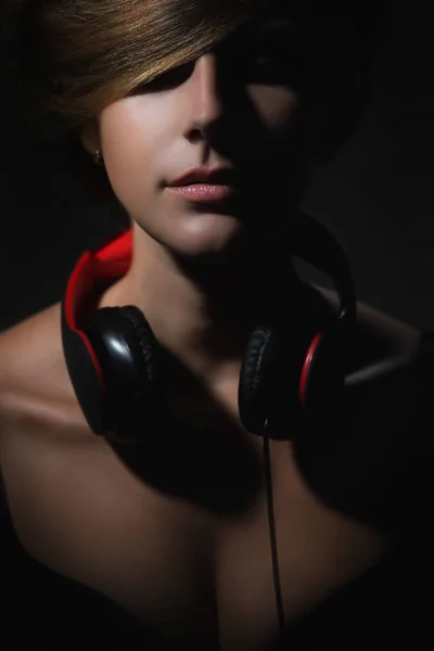 Fashion Model Red Black Headphones — Stock Photo, Image