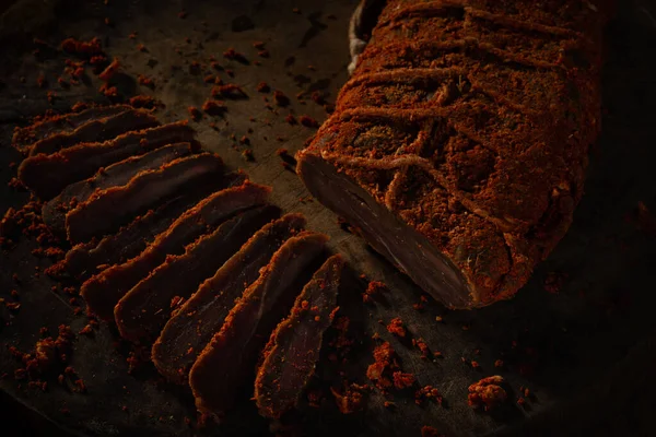 Basturma Dried Tenderloin Beef Meat Jerky Thinly Sliced — Stock Photo, Image