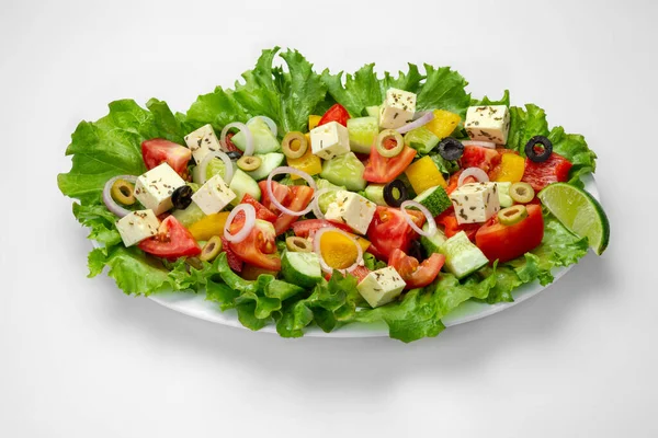 Frischer Griechischer Salat Feta Käse Tomaten Salat Schwarze Oliven Und — Stockfoto
