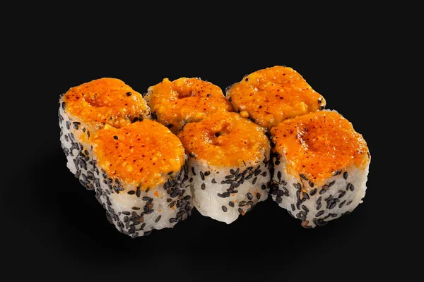 Baked Spicy Eel Roll Black Background — Stock Photo, Image