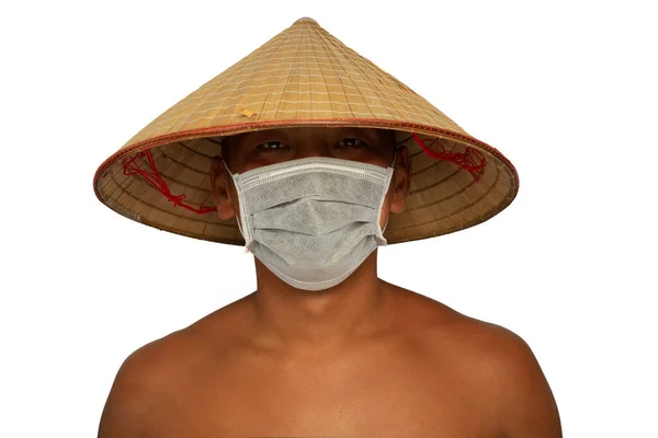 Close Jovem Asiático Rústico Homem Vestindo Máscara Médica Chapéu Cônico — Fotografia de Stock