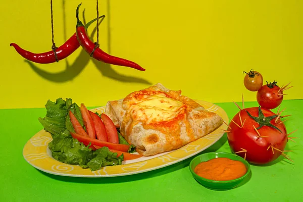Mexican Burrito Lavash Chicken Salad Plate Fol Knife Tomatoes Cactus — Stock Photo, Image