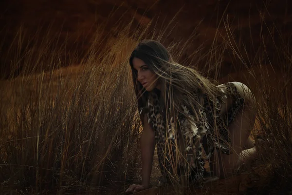 Chica Desnuda Sexual Una Piel Leopardo Selva Salvaje — Foto de Stock
