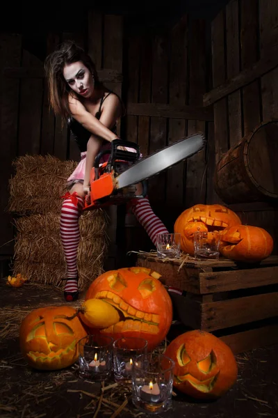 Beautiful Sexy Woman Halloween Pumpkin Wooden Background — Stock Photo, Image