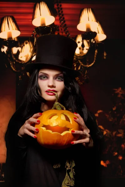 Beautiful Sexy Woman Halloween Pumpkin Red Background — Stock Photo, Image