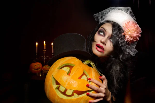 Halloween Concept Sexy Lady Vampire Halloween Pumpkins Red Background — Stock Photo, Image