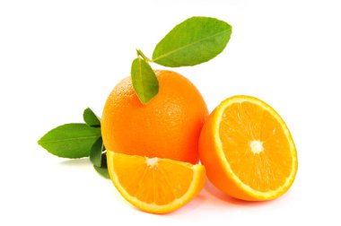 Orange fruits with leaf isolated on white background. Citrus fruit, vitamin C. clipart