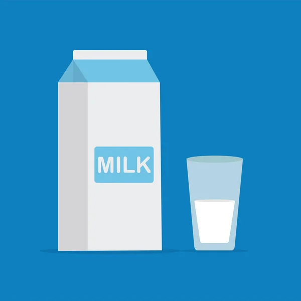 Ilustracja wektorowa płaski pakowania mleka i szklankę mleka na niebieskim tle. Ikona dla sieci web. — Wektor stockowy