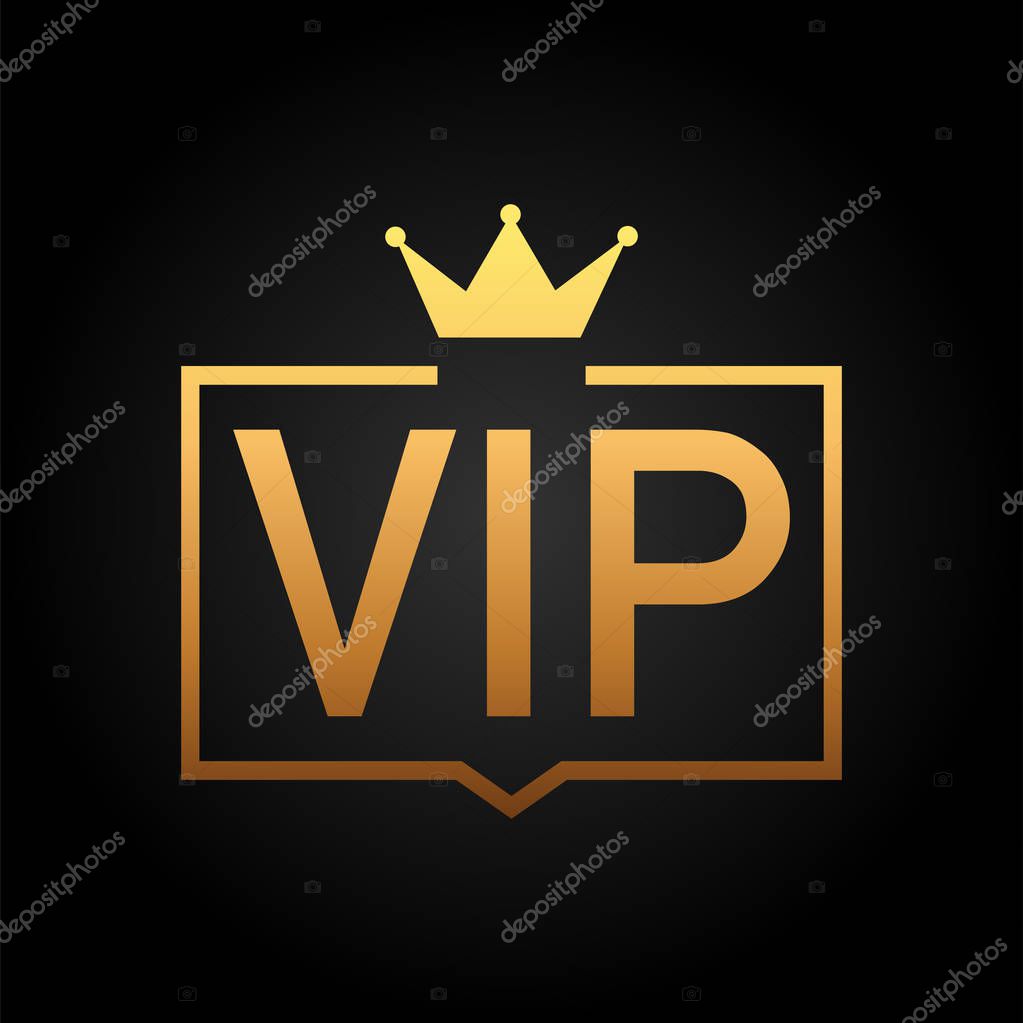 Golden symbol of exclusivity, the label VIP with glitter. Very important person - VIP icon on dark background Sign of exclusivity with bright, Golden glow. Vector stock illustration.