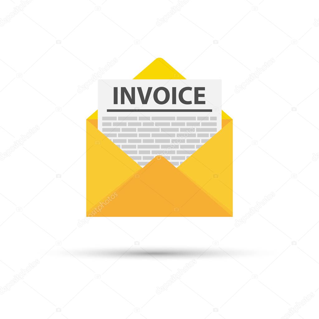 Invoice icon vector, email message received with bill document, flat style open envelope with invoice paper blank