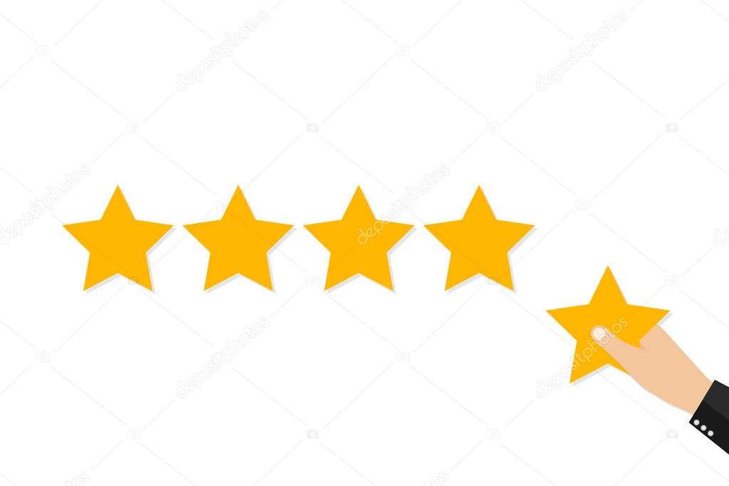 Star rating. Holding a gold star, to give five. Feedback concept. Evaluation system. Positive review. Vector illustration flat design. 