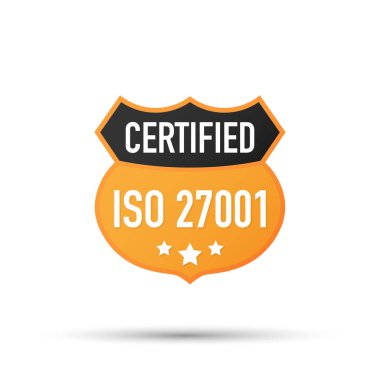 ISO 27001 sertifikalı rozet, kutsal kişilerin resmi. Sertifika damgası. Düz tasarlamak vektör. Vektör çizim.