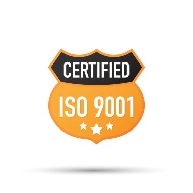 ISO 9001 sertifikalı rozet, kutsal kişilerin resmi. Sertifika damgası. Düz tasarlamak vektör. Vektör çizim.