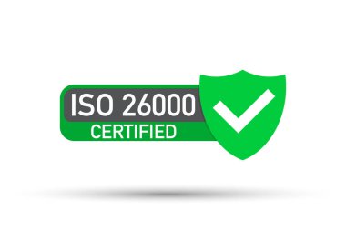 ISO 26000 sertifikalı rozet, ikon. Sertifika damgası. Düz tasarım vektörü.