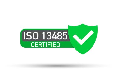 ISO 13485 sertifikalı rozet, ikon. Sertifika damgası. Düz tasarım vektörü.