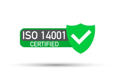 ISO 14001 sertifikalı rozet, ikon. Sertifika damgası. Düz tasarım vektörü.