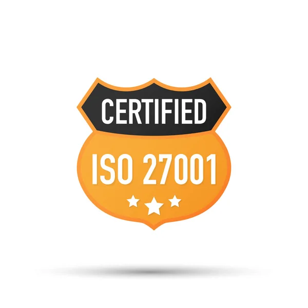 ISO 27001 zertifiziertes Abzeichen, Symbol. Zertifizierungsstempel. flacher Designvektor. Vektorillustration. — Stockvektor