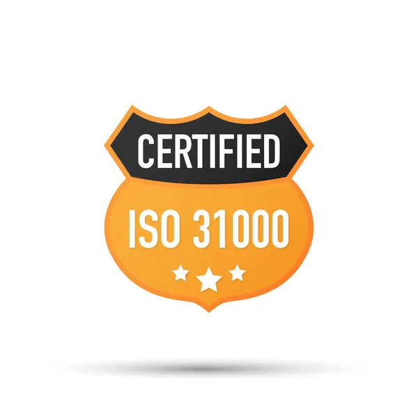 Insigne certifié ISO 31000, icône. Timbre de certification. Vecteur plat. Illustration vectorielle . — Image vectorielle