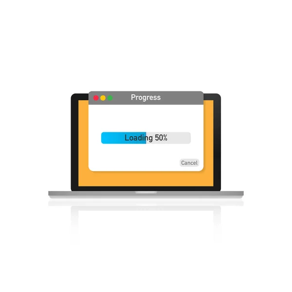 Окно загрузки данных с индикатором прогресса на экране ноутбука — стоковый вектор