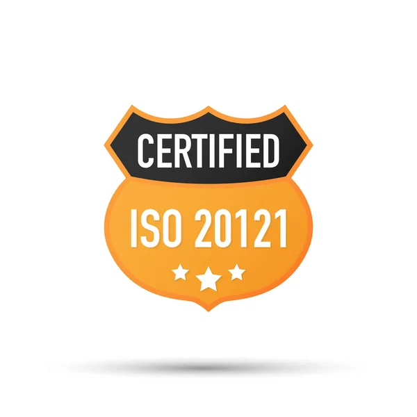 Insigne certifié ISO 20121, icône. Timbre de certification. Vecteur plat. Illustration vectorielle . — Image vectorielle