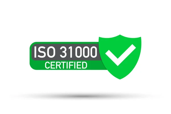 Certifikovaný odznak ISO 31000, ikona. Certifikační razítko. Vektor plochého designu. — Stockový vektor