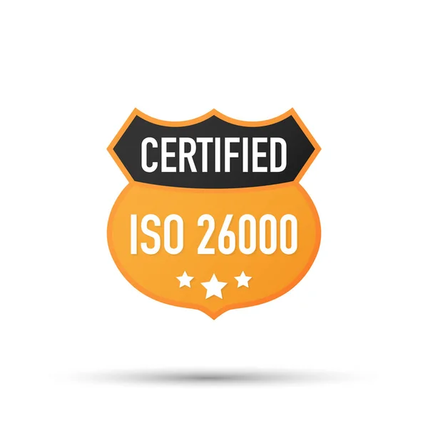 Insigne certifié ISO 26000, icône. Timbre de certification. Vecteur plat. Illustration vectorielle . — Image vectorielle