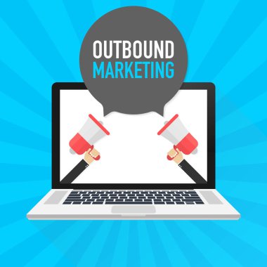 Laptop dizüstü bilgisayar perde. El tutma megafon. Konuşma balonu metinde pazarlama giden. Vektör çizim.