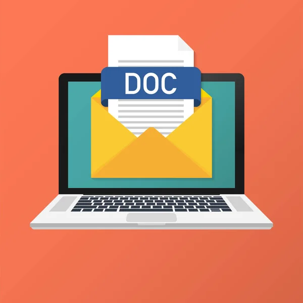 Portatile con busta e file DOC. Notebook ed e-mail con file allegato documento DOC. Illustrazione vettoriale . — Vettoriale Stock
