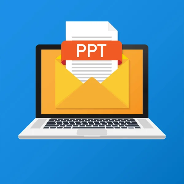 Laptop con busta e file PPT. Notebook ed e-mail con file allegato PPT documento. Illustrazione vettoriale . — Vettoriale Stock