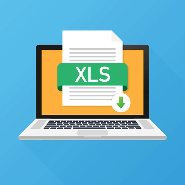XLS düğmesini laptop ekranına indir. Belge konsepti indiriliyor. XLS etiketli ve aşağı ok işaretli dosya. Vektör illüstrasyonu.