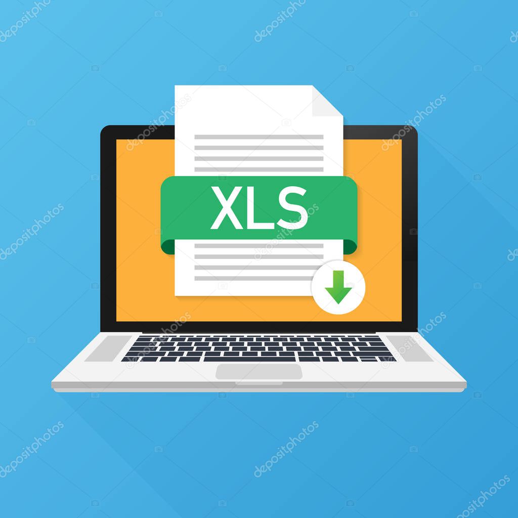 Download XLS button on laptop screen. Downloading document concept. File with XLS label and down arrow sign. Vector illustration.