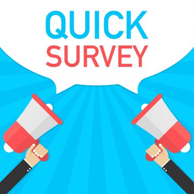 Erkek el megafon hızlı anket konuşma balonu ile tutarak. İş için banner. Vektör çizim.