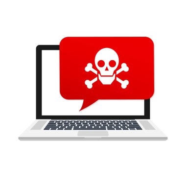 Uyarı bildirim dizüstü bilgisayar vektör, kötü amaçlı yazılım kavramı, spam veri, kimlik avı. Vektör çizim.