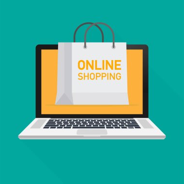 Çadır ve online alışveriş kelime monitör vektör Illustration. Vektör çizim.
