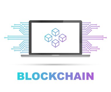 Dizüstü ekran, ekranda bağlı küpleri Blockchain simgesi. Veritabanı, veri merkezi, cryptocurrency ve blockchain sembolü