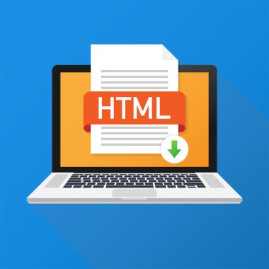 Dizüstü bilgisayar ekranında HTML düğmesini indirin. Belge kavramı indiriyor. Dosya Html etiketi ve ok işareti aşağı. Vektör çizim.