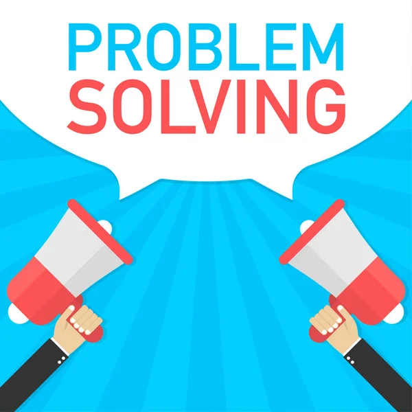 Male hand holding megaphone with problem solving speech bubble. Banner for business. Vector illustration. — Stock Vector