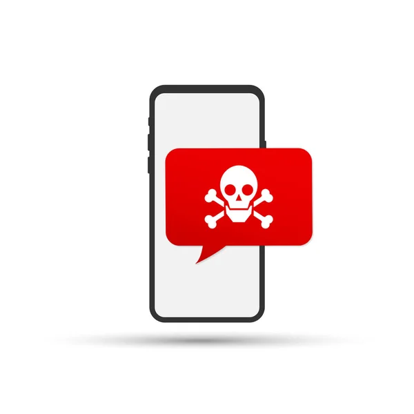 Notifica malware su smartphone. Cellulare con ossa del cranio bolla discorso allarme rosso, concetto di dati di spam . — Vettoriale Stock