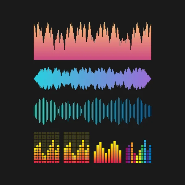 Ondas sonoras vectoriales. Elementos coloridos de música para su diseño sobre fondo negro. Ilustración vectorial . — Vector de stock