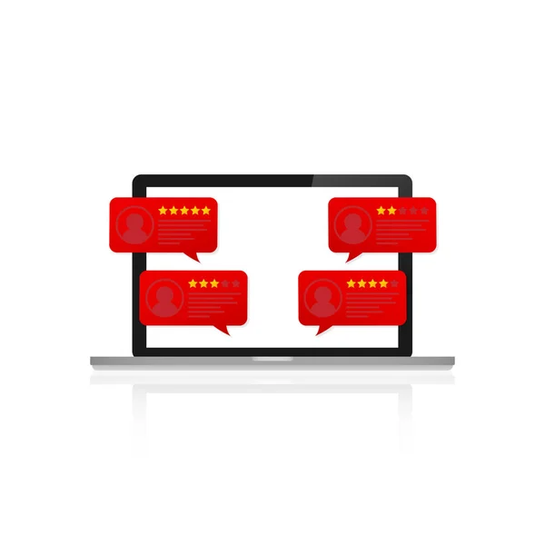 Laptop com mensagens de avaliação de clientes. desktop pc display e comentários on-line ou depoimentos de clientes — Vetor de Stock