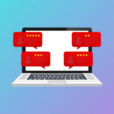 Laptop ile müşteri derecelendirme iletileri gözden geçirin. okul sırası pc ekran ve online incelemeler veya müşteri testimonials