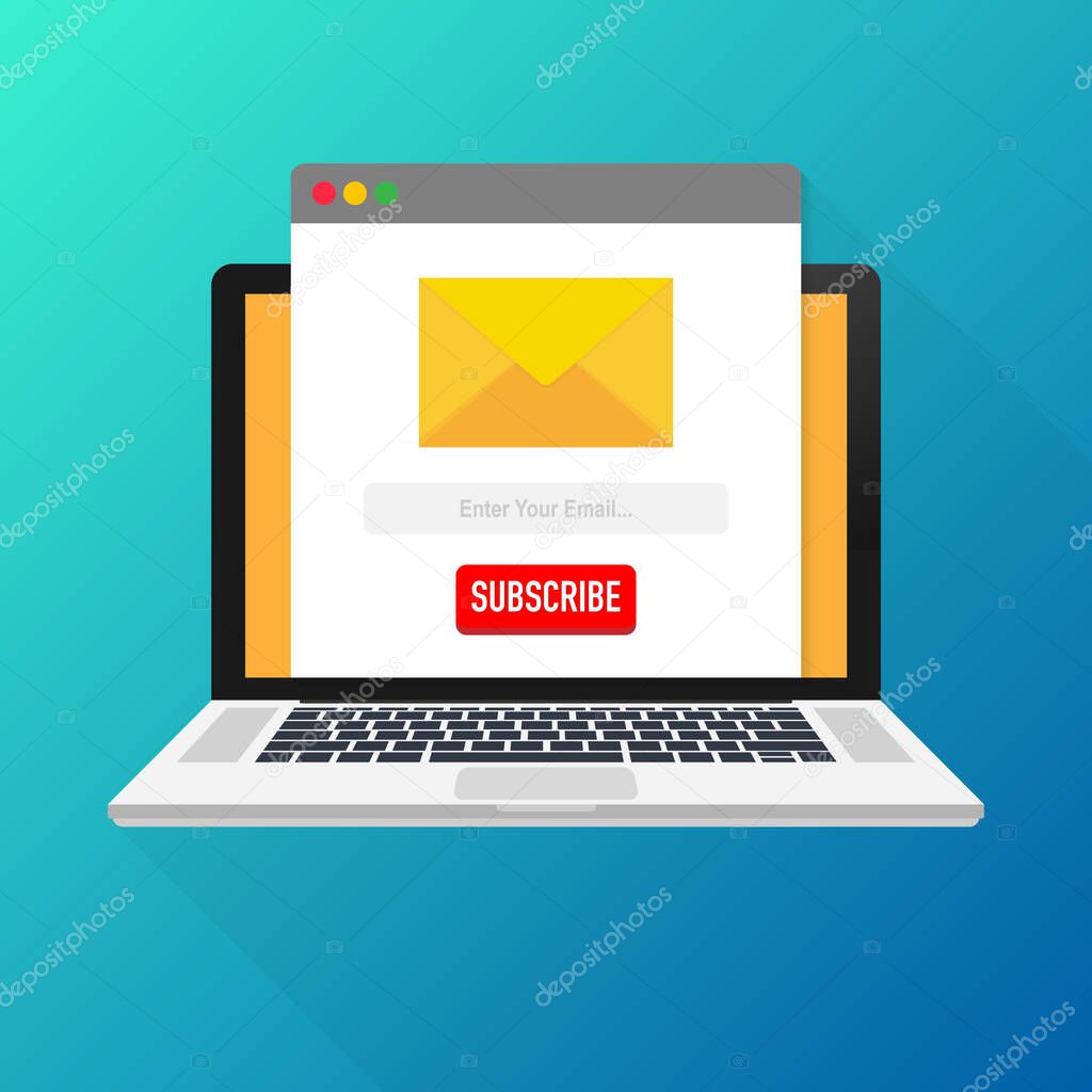 Vector template email subscribe on laptop. Submit form for website email letter banner. Vector illustration.