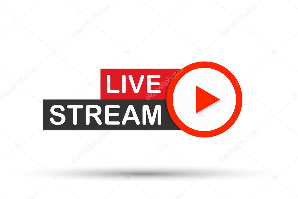 Live stream flat logo - red vector design element with play button. Vector illustration